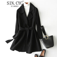 SIN.CYC雙面羊毛大衣女中長(cháng)款修身秋冬季小個(gè)子顯瘦腰帶毛呢外套 黑色 M 98-108斤