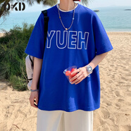 蒂卡登短袖t恤男夏季潮牌ins港風潮流百搭圓領休閑重磅寬松半袖體恤衫 T2271克萊因藍色 XL （建議130斤-145斤）