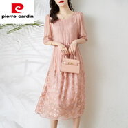 皮爾卡丹（pierre cardin）2025新款氣質(zhì)收腰真絲連衣裙刺繡杭州品牌裙子 粉色 3XL