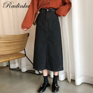 Radinka2025夏新款高腰顯瘦網(wǎng)紅開叉牛仔半身裙復古港風潮流百搭A字裙YLM 黑灰色 S