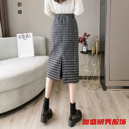 口旋女士毛呢千鳥格子半身裙女秋冬加絨加厚過膝中長(zhǎng)款直筒開叉包臀裙 加絨 黑色 加厚 S 建議76~95斤