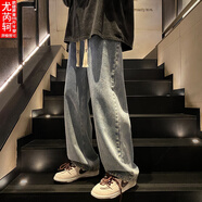 【胖子超大碼230斤男裝】尤芮軻復古牛仔褲男直筒寬松潮牌ins闊腿褲秋季美式高街百搭休閑長(cháng)褲子  KZ2275復古藍 5XL 200至230斤可穿