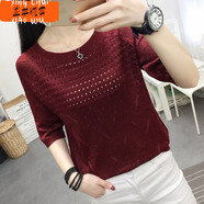 星垂曉霧針織鏤空套頭網(wǎng)衫短款春秋嘍摟樓婁簍空春夏新款韓版冰絲七分袖女 酒紅 L 95斤-110斤穿