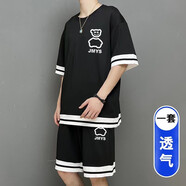 歌古森（GEGUSEN）冰絲速干短袖t恤男孩12-15歲青少年學(xué)生13帥氣運(yùn)動(dòng)套裝14大童夏裝 3092-1黑色（短袖+短褲） M (80-100斤左右)