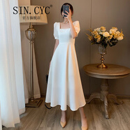 SIN.CYC女裝連衣裙女夏季長(cháng)裙韓版氣質(zhì)收腰顯瘦小黑裙法式方領(lǐng)仙女裙 白色 L