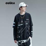 古由卡（GUUKA）潮牌長袖t恤男士寬松型外穿打底衫假兩件休閑高街青年汪蘇瀧同款 黑色 S