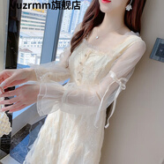 vuzrmm輕奢品牌女裝法式網(wǎng)紗蕾絲連衣裙女夏季2022年新款收腰年輕款仙女修身顯瘦氣質(zhì)中長款裙子 杏色 S建議（80-95斤