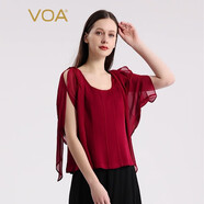 VOA40姆米真絲重磅雙面喬圓領(lǐng)短袖不對稱撞料拼接紅色桑蠶絲T恤 DE12 紅梅傲雪(H8) M