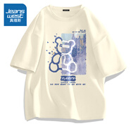真維斯（Jeanswest）歐美潮牌短袖t恤男夏季純棉衣服大碼森系學生oversize時尚文化衫 淺米（藍色小熊） XL (180) (不起球不掉色)