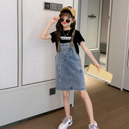小咕嘟熊童裝女童夏裝牛仔背帶褲裙套裝短袖T恤兒童套裝兩件套女孩連衣裙 黑色 130
