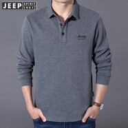 JEEP SPIRIT吉普休閑純棉長袖t恤寬松厚款秋季翻領(lǐng)羅紋體恤開衩純色繡標(biāo)上衣 灰色 厚款 L (175) /96A建議140-150斤