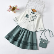 馬櫻紅雨 六一女童漢服兒童古裝新款中國風(fēng)演出服棉麻短袖小女孩公主裙套 綠色 長(cháng)袖套裝【+包包】 160 /建議身高140~150厘米
