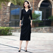 SXA香港潮牌V領(lǐng)禮服連衣裙女2024新款名嬡氣質(zhì)禮服裙宴會褶皺一步裙 黑色 XXL