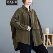 零點(diǎn)螞蟻200斤大碼女裝春秋減齡寬松中長(cháng)款工裝外套女秋季加肥加大碼外搭休閑襯衫上衣 咸菜綠 2XL【170-200斤】
