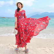 NUKM2025夏法式V領(lǐng)顯瘦印花雪紡連衣裙女超長(zhǎng)到腳踝拖地大擺沙灘長(zhǎng)裙 紅色碎花 2XL 建議120-130斤