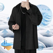 逐夢顏條紋襯衫外套男港風日系休閑寬松衣服潮流時尚潮黑色男士長袖襯衣 黑條紋長袖升級冰絲面料 XL