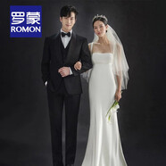 羅蒙（ROMON）新郎西服套裝男結(jié)婚禮服演出塔士多主持人修身西裝男伴郎宴會(huì)正裝 3166黑色青果領(lǐng)兩件套 XL 48碼（推薦體重120-135斤）