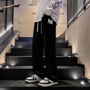 至濤褲子男春秋季休閑褲寬松直筒褲百搭潮牌美式闊腿工裝加絨運動(dòng)長(cháng)褲 D31-黑色 L ( 建議100斤-110斤可穿 )
