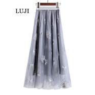 陸際（LUJI）裙子 網(wǎng)紗刺繡半身裙2021夏季新款仙女裙香港潮牌百搭彈力腰圍紗網(wǎng)裙韓版顯瘦時尚長裙 灰色 均碼