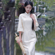 KAHTOP2025春夏新款法式中國風(fēng)旗袍改良仙女蕾絲連衣裙春秋超仙裙子YGW 減齡優(yōu)雅杏色 L