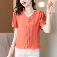 法蘿迪 棉麻襯衫女2023夏季新款大尺碼女裝V領(lǐng)文藝寬松遮肚子短袖襯衣 橘色 M