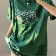嬌茹妮（JIAORUNI） 后包領(lǐng)美式復古街頭風t恤衫女寬松夏季hiphop潮牌oversize上衣服 墨綠色（240克100%純棉重磅） M(83—102斤）