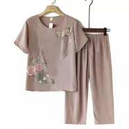 Lauaird 中老年女裝夏季套裝棉麻媽媽裝短袖T恤褲子兩件套老人奶奶衣服 米色-套裝 4XL建議135-150