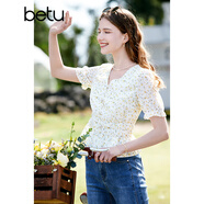 百圖betu女裝夏季新款襯衫V領(lǐng)浪漫繡花荷葉邊短袖襯衫女2303D15 黃色 M