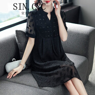 SIN.CYC女裝法式復(fù)古雪紡連衣裙女中長(zhǎng)款夏季韓版時(shí)尚寬松遮肚子顯瘦 黑色 L