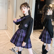 JKjk小學生套裝中大童百褶裙學院風兩件格子裙童2024春兒童韓版洋氣 暗紫色 160cm