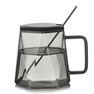 小北家高顏值彩鉆石玻璃杯馬克杯咖啡杯子帶攪拌勺耐高溫輕奢玻璃水杯 黑鉆杯帶蓋（黑色玻璃））