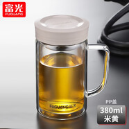 富光 大容量雙層玻璃杯 帶手柄商務男士辦公杯 帶蓋茶杯 380ml米黃色【京倉直發(fā)】