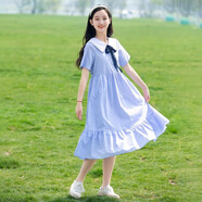 方糖姑娘少女夏裝初中學(xué)生連衣裙大童高中女生學(xué)院風(fēng)條紋小清新過膝蓋長裙 23236LX藍(lán)色條紋 XXL