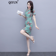 QIYUN 旗袍改良版連衣裙女夏年新款中國(guó)民族風(fēng)復(fù)古雪紡碎花夏天裙子 綠花 L 【建議101-115斤】