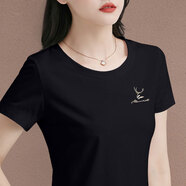 短袖女2025夏季新款修身顯瘦繡花女士上衣韓版圓領(lǐng)棉休閑白色t恤 8220321款黑色 XL 建議110-120斤