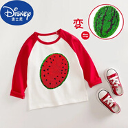 迪士尼（Disney）兒童亮片可變圖案衣服春秋款男童女童純棉長(cháng)袖T恤西瓜變色童裝潮 紅色 90cm(碼)