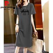 皮爾卡丹（pierre cardin）2025純棉長(zhǎng)袖長(zhǎng)裙寬松休閑過(guò)膝t恤裙簡(jiǎn)約中長(zhǎng)款連衣裙女顯瘦春秋 灰色(黑-AWKG字母) XL 120-140斤