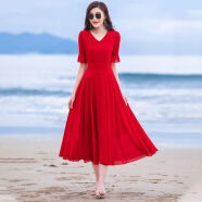 恺吉锐大摆裙夏红色款跳舞雪纺连衣裙过膝度假沙滩裙 大红色 2XL 建议125--135斤