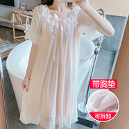 子木雅居睡裙女夏季冰絲莫代爾蕾絲網紗甜美宮廷仙女公主風帶胸墊睡衣裙子 8822-1#網紗短袖裙 蝦粉 (帶胸墊) XL