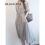 hk jack tao連衣裙 香港潮牌灰色雪紡長(zhǎng)裙春夏款修身顯瘦氣質(zhì)V領(lǐng)設(shè)計(jì)感襯衫裙 圖片色 XL
