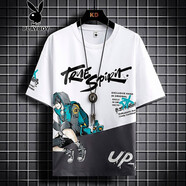 花花公子 新款冬季長(cháng)袖t恤男拼色男裝長(cháng)袖上衣圓領(lǐng)衣服帥氣青年t恤衫青少 白色夏款 XL （建議95-125斤穿）