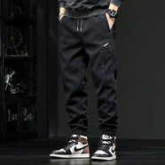 潮天士哈倫男寬松束腳褲男士春季潮牌百搭小腳休閑工裝褲松緊腰抽繩褲子 黑色 XL 【140-160斤】