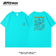 BFDQJS卡通印花重磅純棉短袖T恤男ins潮牌夏季寬松上衣百搭情侶裝打底衫 提夫尼藍 XL(推薦體重130-150斤)