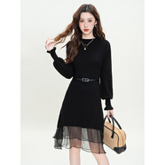 瀾芝針織毛衣連衣裙女秋冬氣質(zhì)收腰網(wǎng)紗拼接打底裙女ZL928 黑色 均碼 