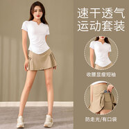 愛(ài)夢(mèng)鳥(niǎo)（Aimengniao）女裝套裝2025新款羽毛球服女跑步運動(dòng)網(wǎng)球裙健身晨跑速干百褶短裙 套裝/白色+卡其 M