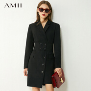 AMII開學(xué)季換新裝2025極簡商務(wù)通勤連衣裙秋季新款直筒翻領(lǐng)配腰帶單排 夜黑 S 155/80A