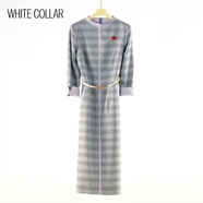 白領(lǐng)女士灰色亮絲格立領(lǐng)拼淺灰條九分袖顯瘦連衣裙HLSGE22-301 灰色亮絲格 M (160)