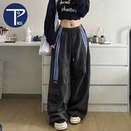 PMOG美式復古三條杠工裝褲女秋冬新款學(xué)生韓版寬松百搭闊腿褲休閑長(cháng)褲 深灰色長(cháng)褲 2XL