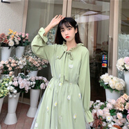 閃動少女（SHANDONGSHAONV）裙子仙女超仙森系秋裝2020新款小清新學生網(wǎng)紗溫柔風中長款連衣裙 綠色 XL