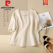 皮爾卡丹（pierre cardin）棉麻上衣女中年媽i媽夏裝薄款亞麻2025夏季新款大尺碼寬松短袖T恤 杏色 M 90-115斤